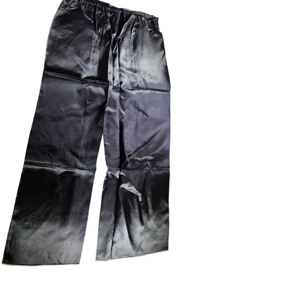 Womens Black Satin Wide-Leg Pajama Pants With Elastic Waistband - Picture 2 of 10